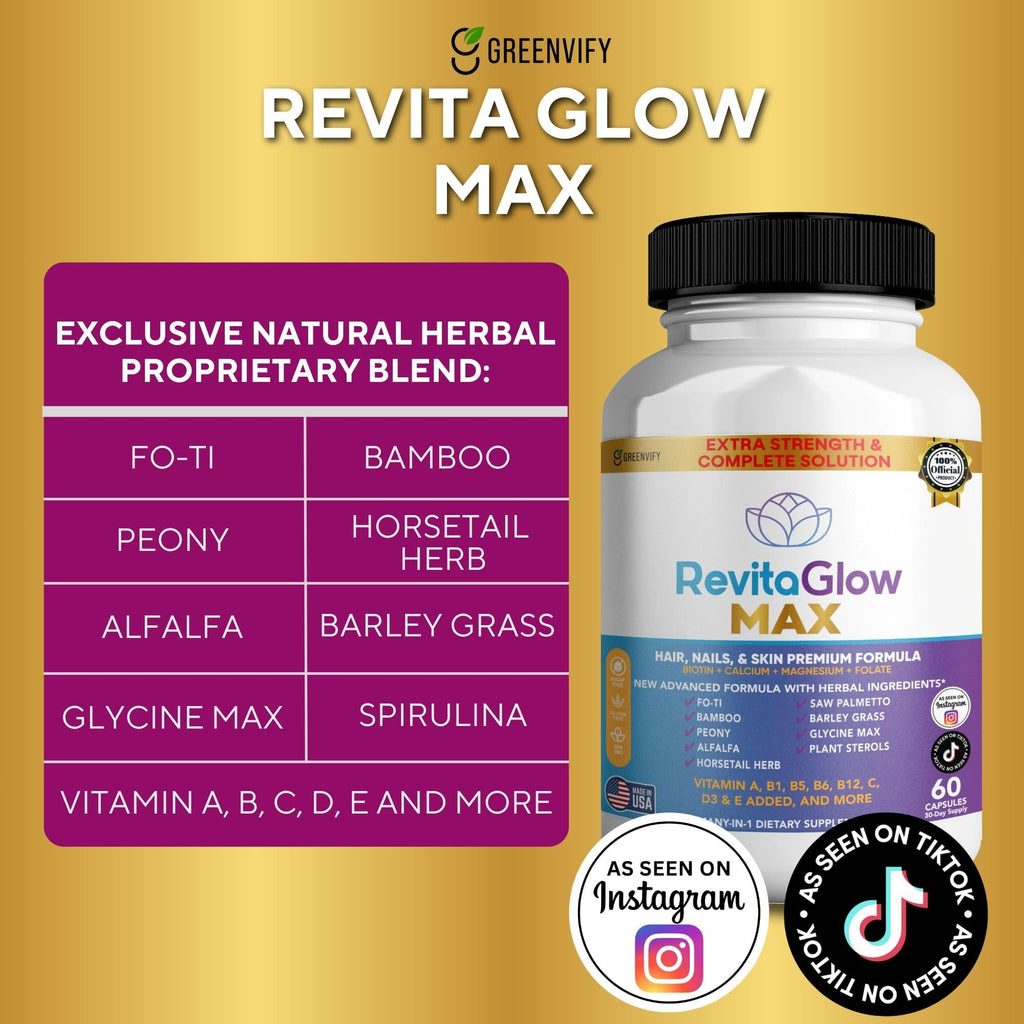 GREENVIFY RevitaGlow Max Hair, Nails & Skin Premium Formula, 60 Capsules, 30-Day Supply, with Biotin, Vitamins A, B1, B5, B6, B12, C, D3, E (1) - TrustMedUSA