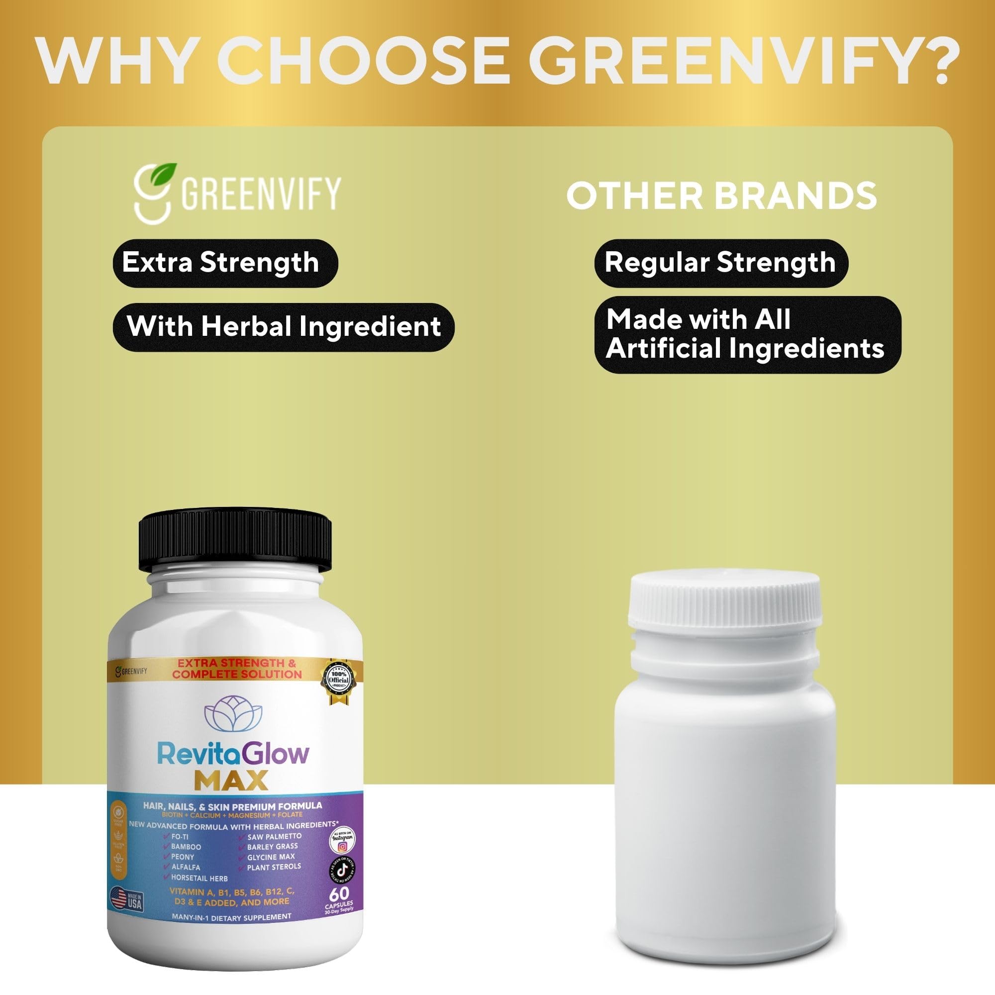 GREENVIFY RevitaGlow Max Hair, Nails & Skin Premium Formula, 60 Capsules, 30-Day Supply, with Biotin, Vitamins A, B1, B5, B6, B12, C, D3, E (1) - TrustMedUSA