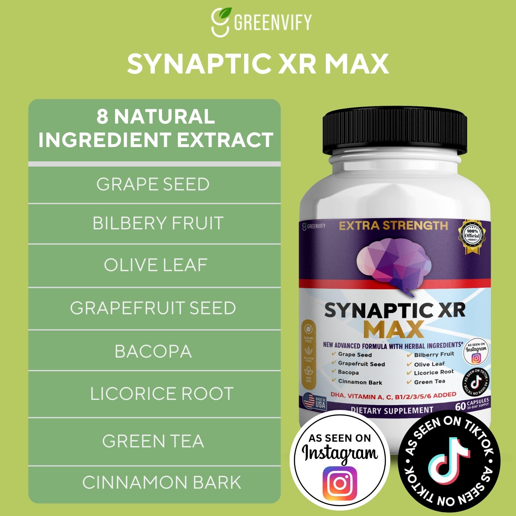 GREENVIFY Synaptic XR Max Extra Strength Brain Support Supplement with Herbal Ingredients, 60 Capsules, DHA Vitamins, Nootropic Formula (1) - TrustMedUSA