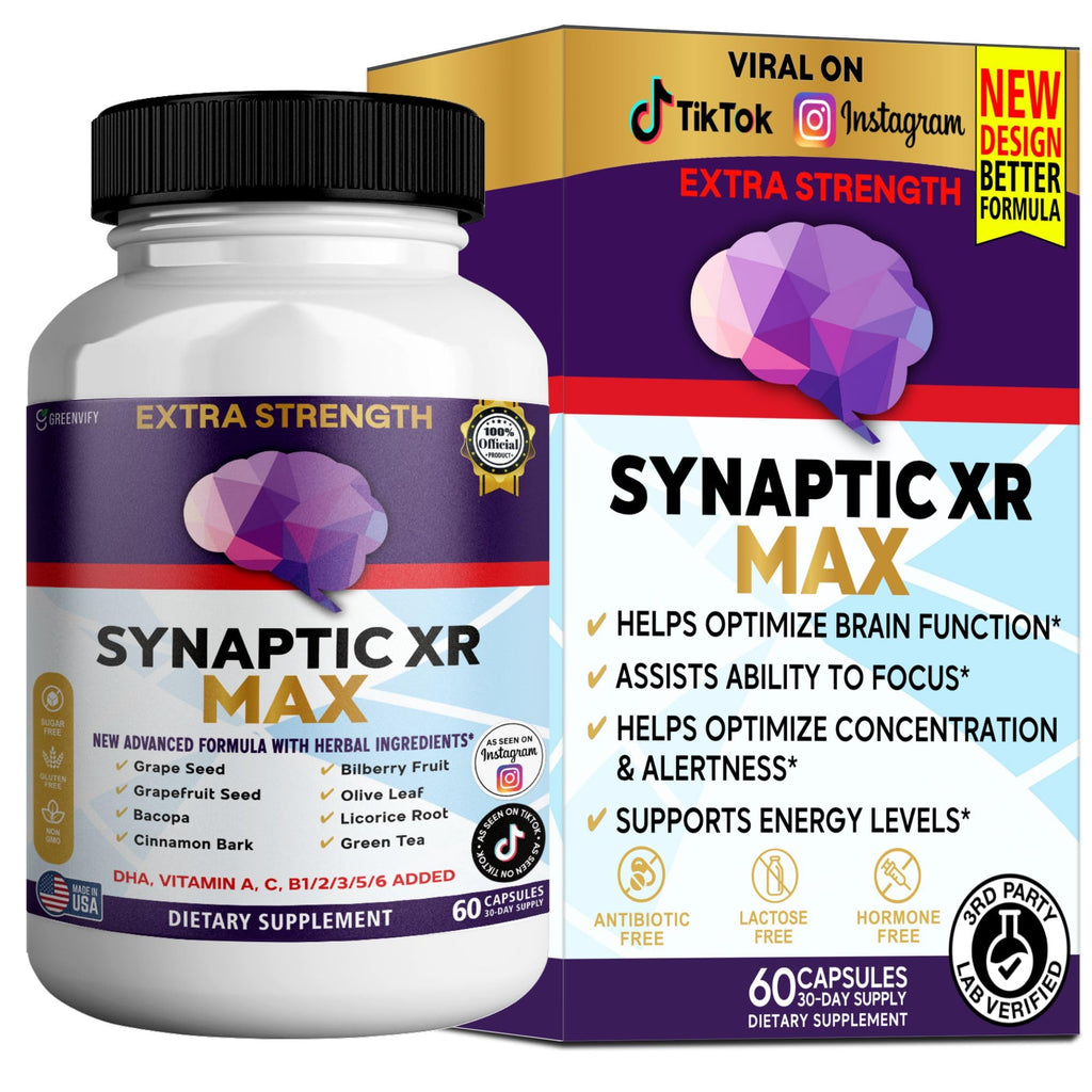 GREENVIFY Synaptic XR Max Extra Strength Brain Support Supplement with Herbal Ingredients, 60 Capsules, DHA Vitamins, Nootropic Formula (1) - TrustMedUSA
