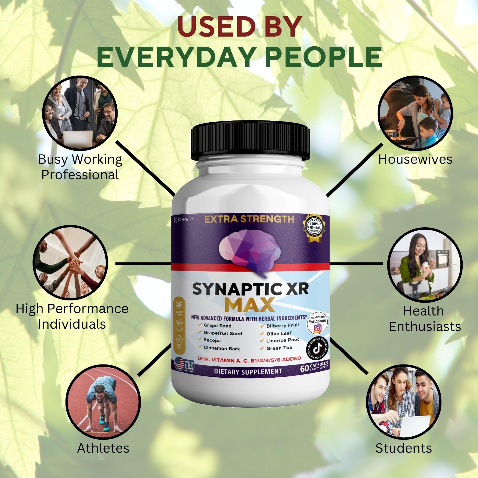GREENVIFY Synaptic XR Max Extra Strength Brain Support Supplement with Herbal Ingredients, 60 Capsules, DHA Vitamins, Nootropic Formula (1) - TrustMedUSA