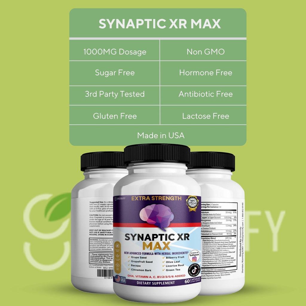 GREENVIFY Synaptic XR Max Extra Strength Brain Support Supplement with Herbal Ingredients, 60 Capsules, DHA Vitamins, Nootropic Formula (1) - TrustMedUSA
