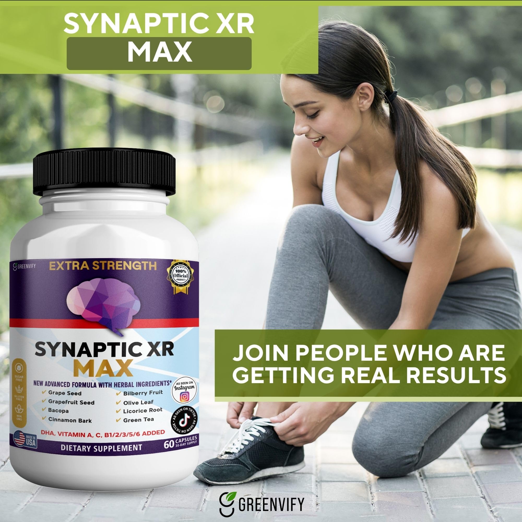 GREENVIFY Synaptic XR Max Extra Strength Brain Support Supplement with Herbal Ingredients, 60 Capsules, DHA Vitamins, Nootropic Formula (1) - TrustMedUSA