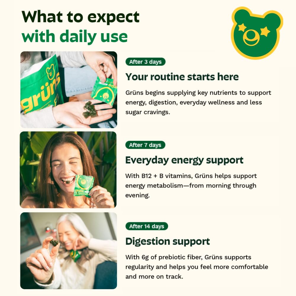 Gruns Adult Super Greens Multivitamin Gummies, Superfood Gummy Vitamins for Women and Men with Spirulina, Chlorella - TrustMedUSA