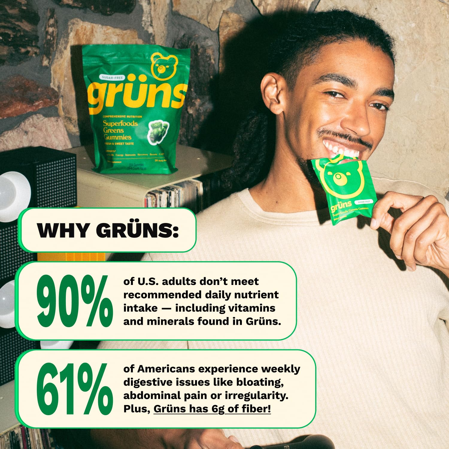 Gruns Adult Super Greens Multivitamin Gummies, Superfood Gummy Vitamins for Women and Men with Spirulina, Chlorella - TrustMedUSA