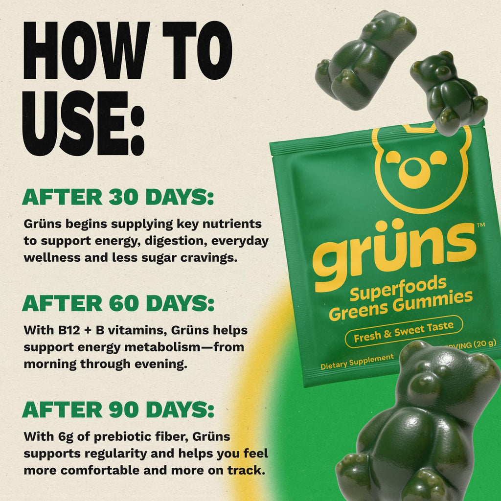 Gruns Adult Super Greens Multivitamin Gummies, Superfood Gummy Vitamins for Women and Men with Spirulina, Chlorella - TrustMedUSA