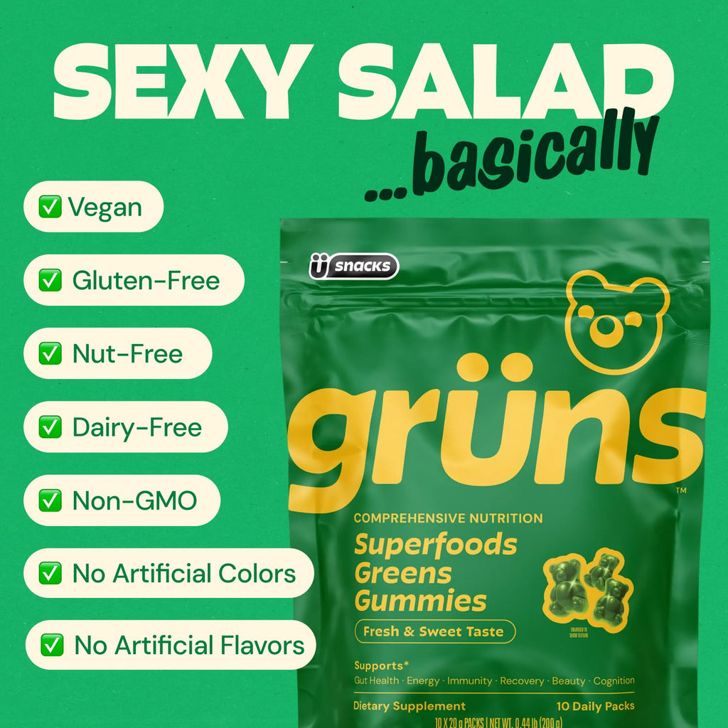 Gruns Adult Super Greens Multivitamin Gummies, Superfood Gummy Vitamins for Women and Men with Spirulina, Chlorella, Adaptogens & Prebiotic Fiber for Digestive Health (28 Count) - TrustMedUSA