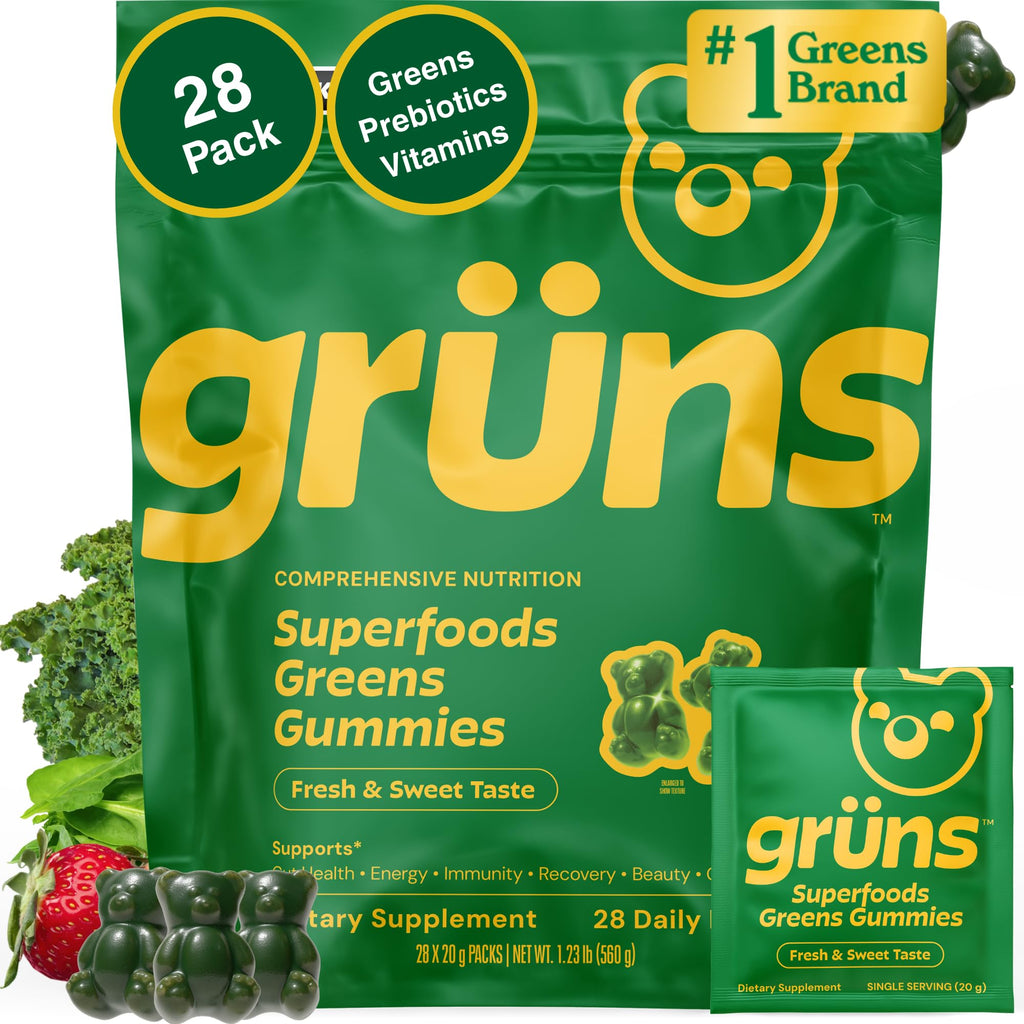 Gruns Adult Super Greens Multivitamin Gummies, Superfood Gummy Vitamins for Women and Men with Spirulina, Chlorella, Adaptogens & Prebiotic Fiber for Digestive Health (28 Count) - TrustMedUSA