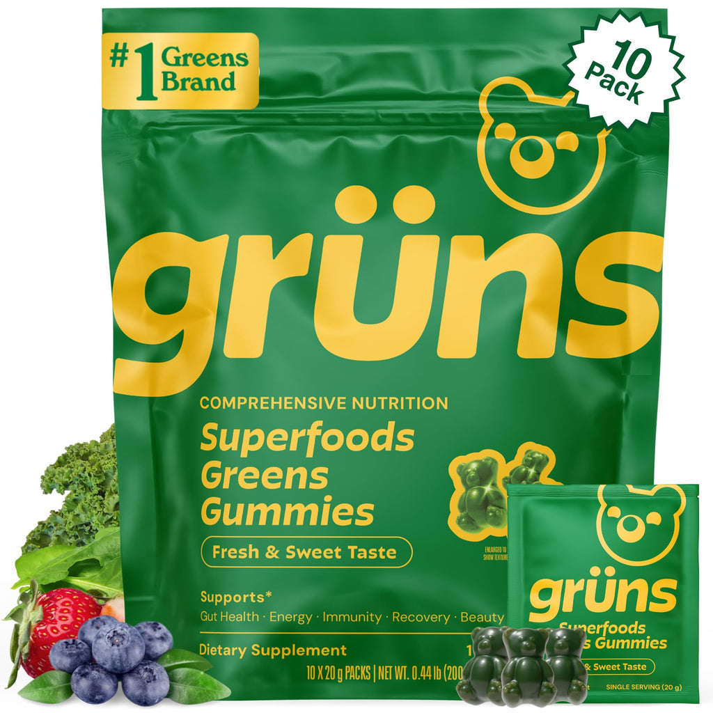 Gruns Adults Super Greens Gummies, Multivitamin Superfood Gummy Bears, Spirulina, Chlorella, Prebiotics & Fiber Gummies for Digestive Health, Adaptogens Supplement, 20 Vitamins & Minerals, 10 Count - TrustMedUSA