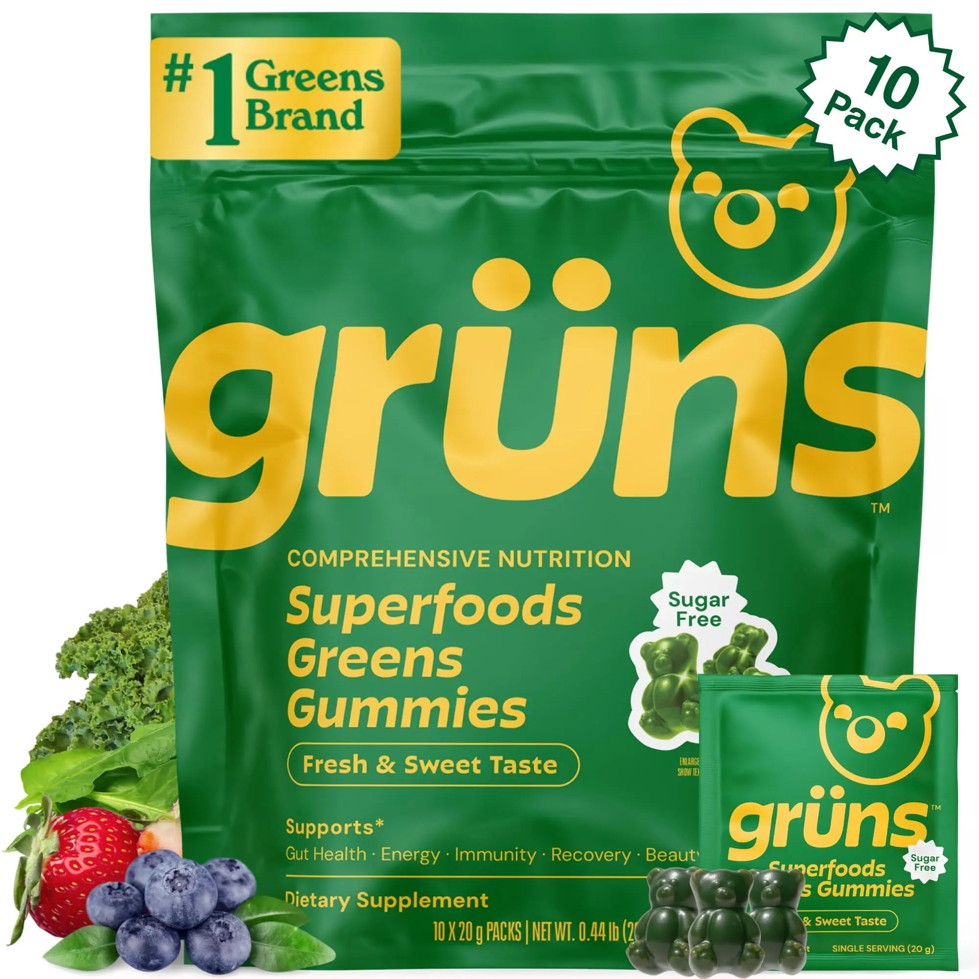 Gruns Sugar-Free Super Greens Gummies, Multivitamin Superfood Gummy Bears, Spirulina, Chlorella, Prebiotics & Fiber gummies for Digestive Health, Adaptogens Supplement, 20 Vitamins & Minerals, 10 pack - TrustMedUSA