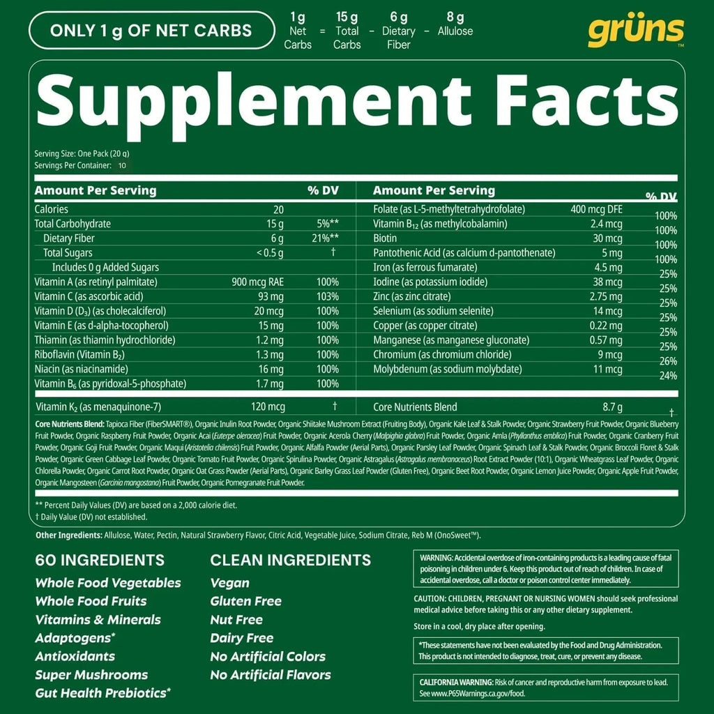 Gruns Sugar-Free Super Greens Gummies, Multivitamin Superfood Gummy Bears, Spirulina, Chlorella, Prebiotics & Fiber gummies for Digestive Health, Adaptogens Supplement, 20 Vitamins & Minerals, 10 pack - TrustMedUSA