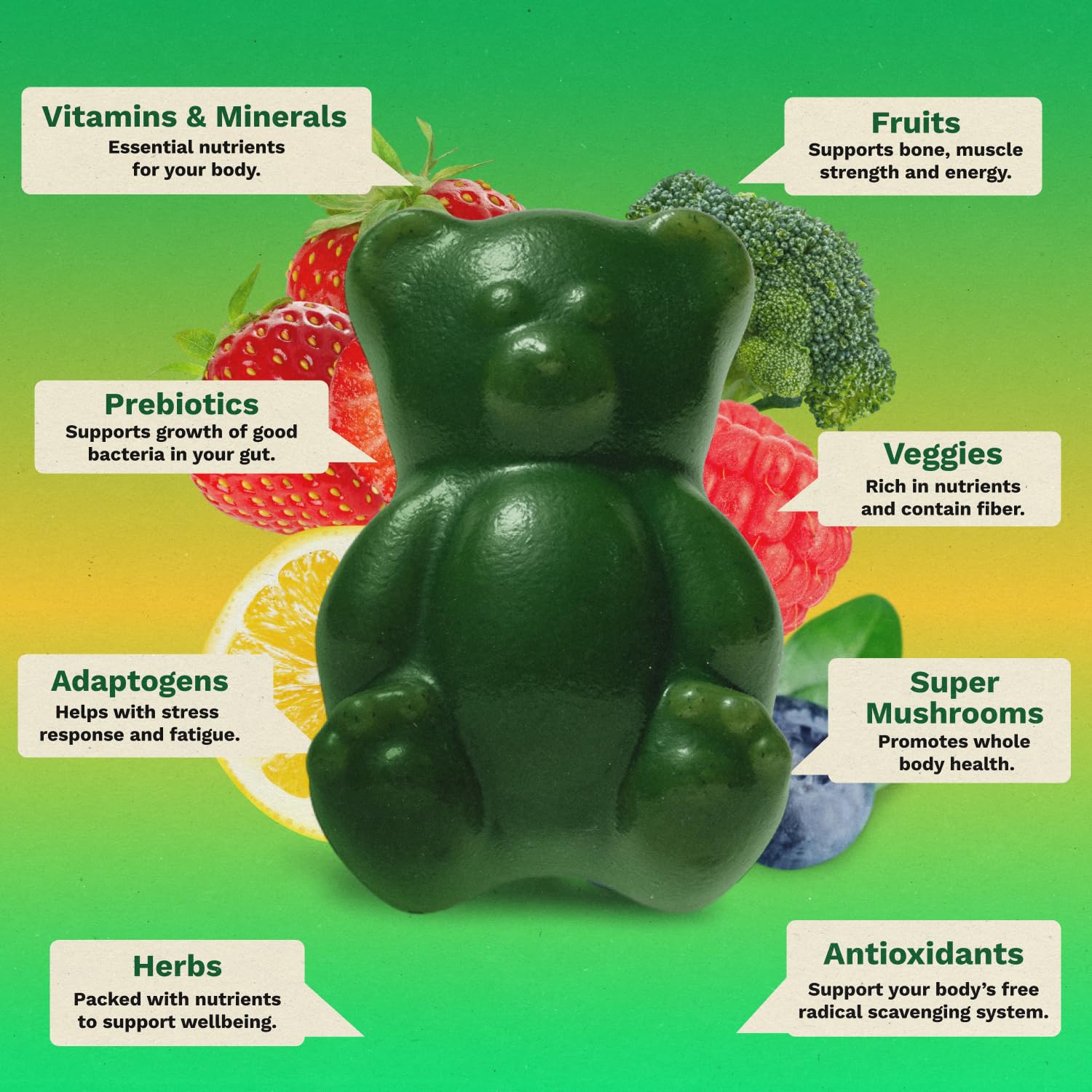 Gruns Sugar-Free Super Greens Gummies, Multivitamin Superfood Gummy Bears, Spirulina, Chlorella, Prebiotics & Fiber gummies for Digestive Health, Adaptogens Supplement, 20 Vitamins & Minerals, 10 pack - TrustMedUSA