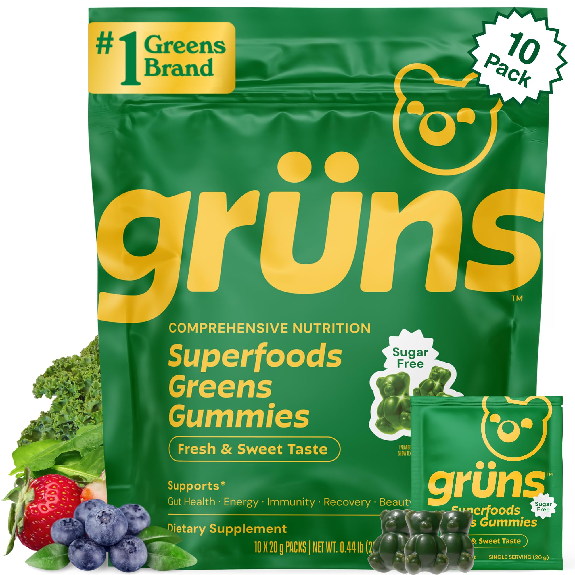 Gruns Sugar-Free Super Greens Gummies, Multivitamin Superfood Gummy Bears, Spirulina, Chlorella, Prebiotics & Fiber gummies for Digestive Health, Adaptogens Supplement, 20 Vitamins & Minerals, 10 pack - TrustMedUSA