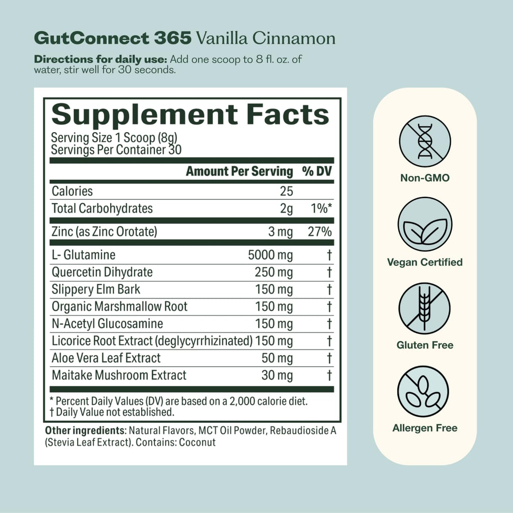 GutConnect 365 Gut Health Superfood Powder | Formulated With Slippery Elm Bark & L Glutamine | Vegan Certified | Allergen Free | Non-GMO | Soy Free | Made in the USA | 30 Servings – Vanilla Cinnamon - TrustMedUSA