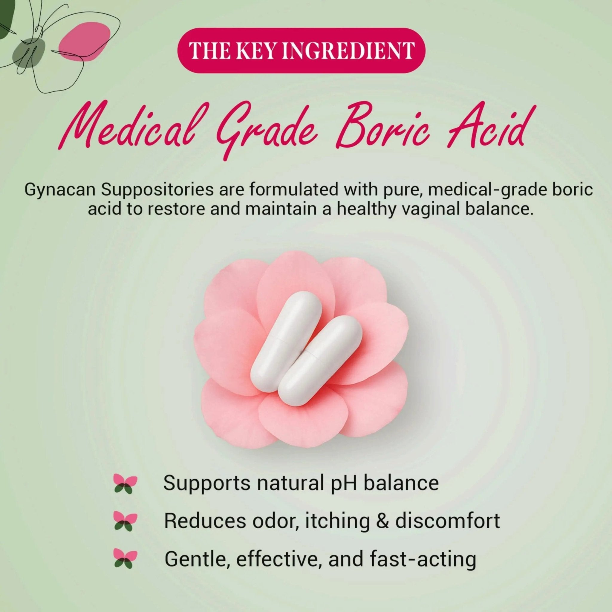 Gynacan Boric Acid Suppositories for Women - pH Balance Vaginal Treatment for Women Odor Prevention, Pure Formula, No-Mess Applicator, Gentle & Effective - TrustMedUSA