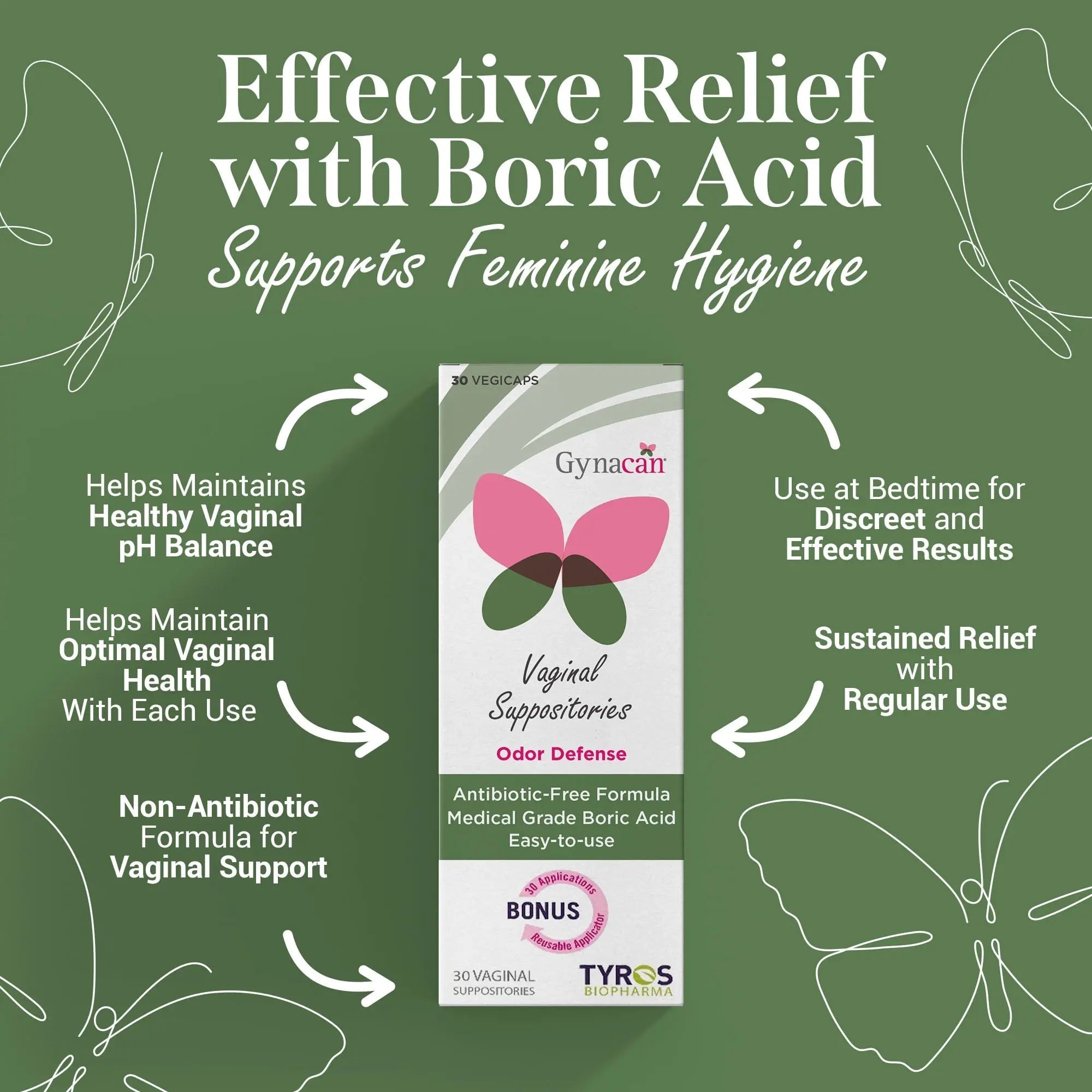 Gynacan Boric Acid Suppositories for Women - pH Balance Vaginal Treatment for Women Odor Prevention, Pure Formula, No-Mess Applicator, Gentle & Effective - TrustMedUSA