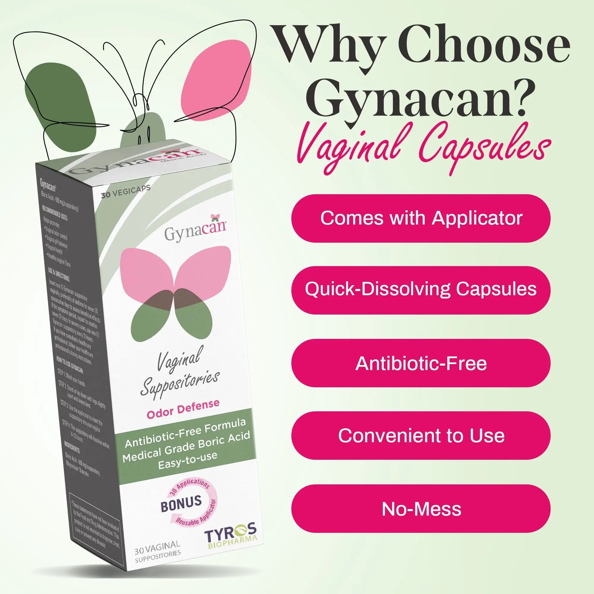 Gynacan Boric Acid Suppositories for Women - pH Balance Vaginal Treatment for Women Odor Prevention, Pure Formula, No-Mess Applicator, Gentle & Effective - TrustMedUSA