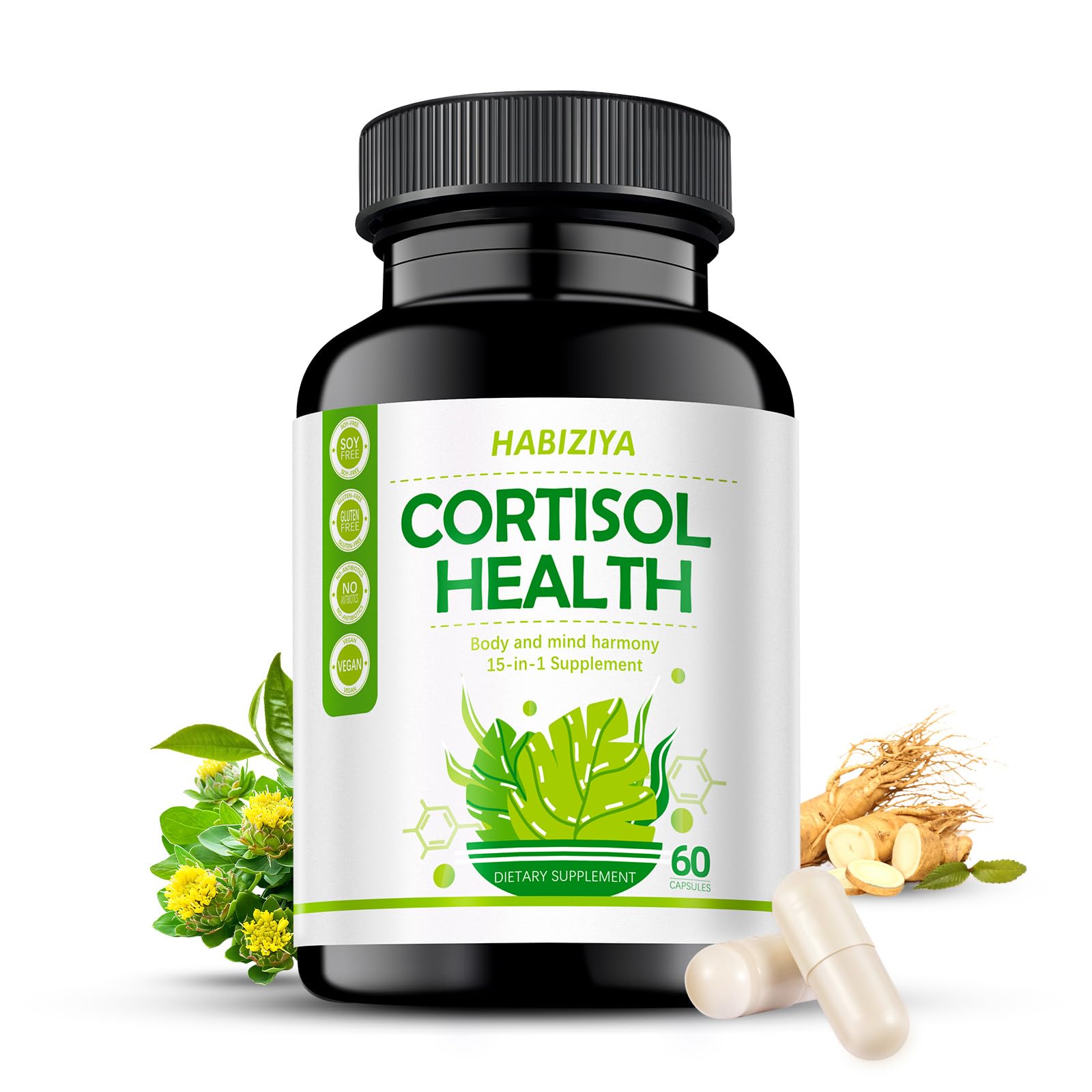 HABIZIYA Cortisol Support Supplement with Magnesium Glycinate, L-Theanine, Ashwagandha, Phosphatidylserine,Rhodiola Rosea 15-in-1 Hormone Balance for Women Men Mood, Focus, Sleep Support 60 Capsules - TrustMedUSA