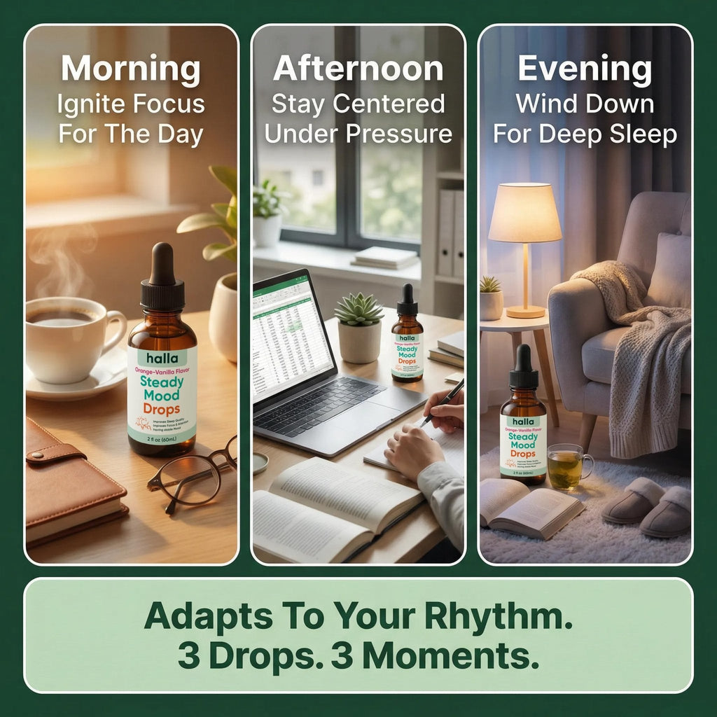 Halla Steady Mood Drops Saffron Extract, Maritime Pine Bark Extract, Phosphatidylserine, Magnesium L-Threonate, Sleep Supplements, Improves Focus & Attention, Mood Support Supplement, 60ml - Maple Wellness Supplements