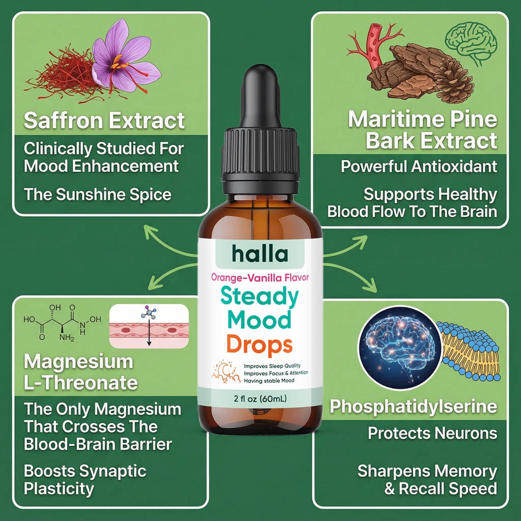 Halla Steady Mood Drops Saffron Extract, Maritime Pine Bark Extract, Phosphatidylserine, Magnesium L-Threonate, Sleep Supplements, Improves Focus & Attention, Mood Support Supplement, 60ml - Maple Wellness Supplements