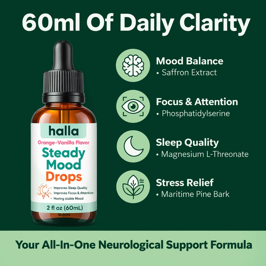 Halla Steady Mood Drops Saffron Extract, Maritime Pine Bark Extract, Phosphatidylserine, Magnesium L-Threonate, Sleep Supplements, Improves Focus & Attention, Mood Support Supplement, 60ml - Maple Wellness Supplements