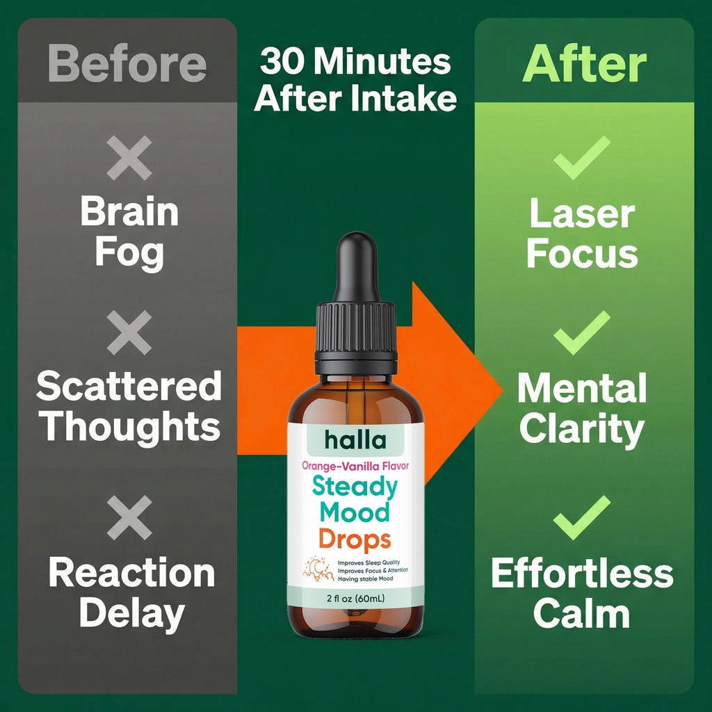 Halla Steady Mood Drops Saffron Extract, Maritime Pine Bark Extract, Phosphatidylserine, Magnesium L-Threonate, Sleep Supplements, Improves Focus & Attention, Mood Support Supplement, 60ml - Maple Wellness Supplements