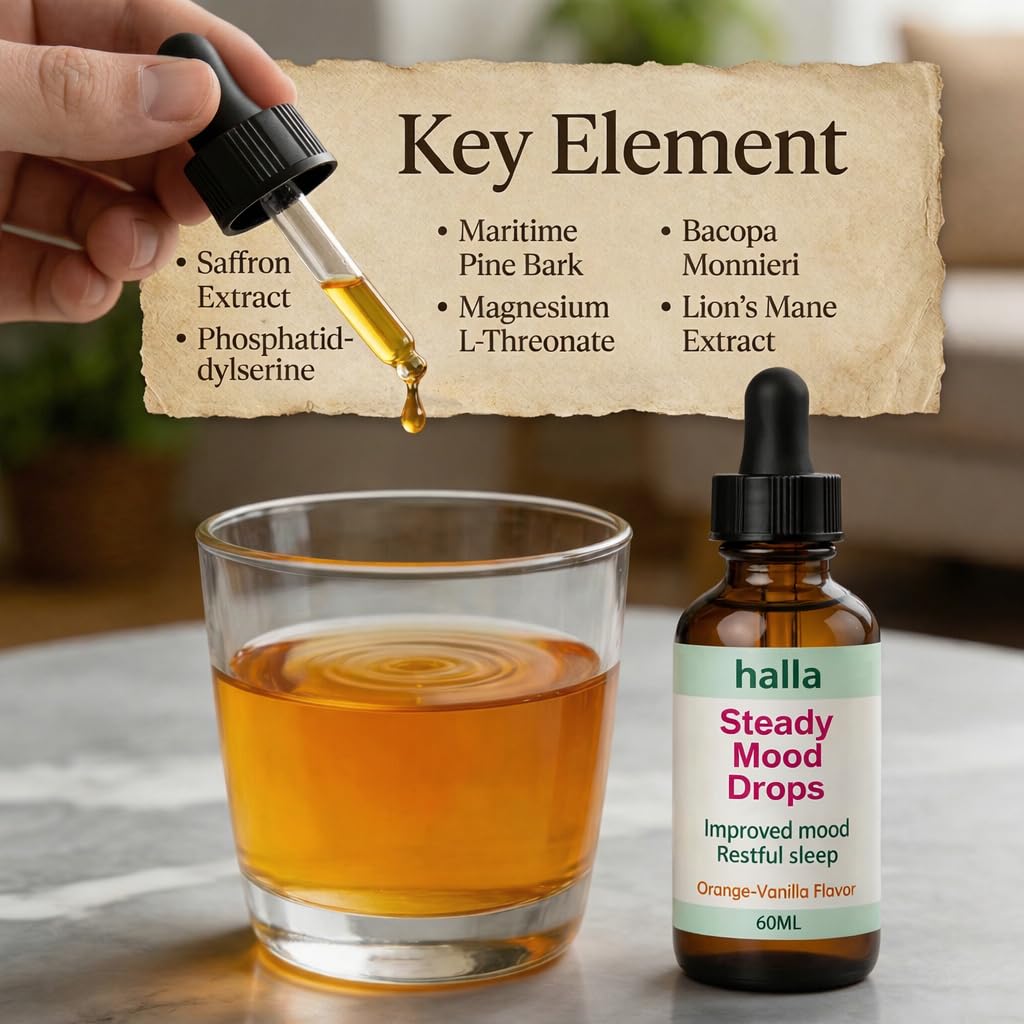 Halla Steady Mood Drops, with Saffron Extract – Fast Absorption Cognitive & Emotional Balance Supplement – Advanced Brain Nutrient Blend – Orange Vanilla Flavor, 2 fl oz - TrustMedUSA