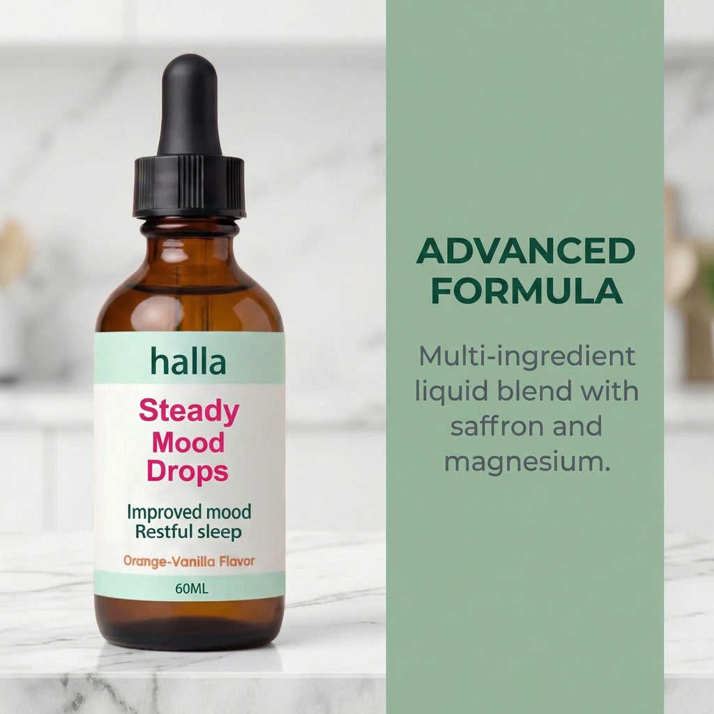 Halla Steady Mood Drops, with Saffron Extract – Fast Absorption Cognitive & Emotional Balance Supplement – Advanced Brain Nutrient Blend – Orange Vanilla Flavor, 2 fl oz - TrustMedUSA