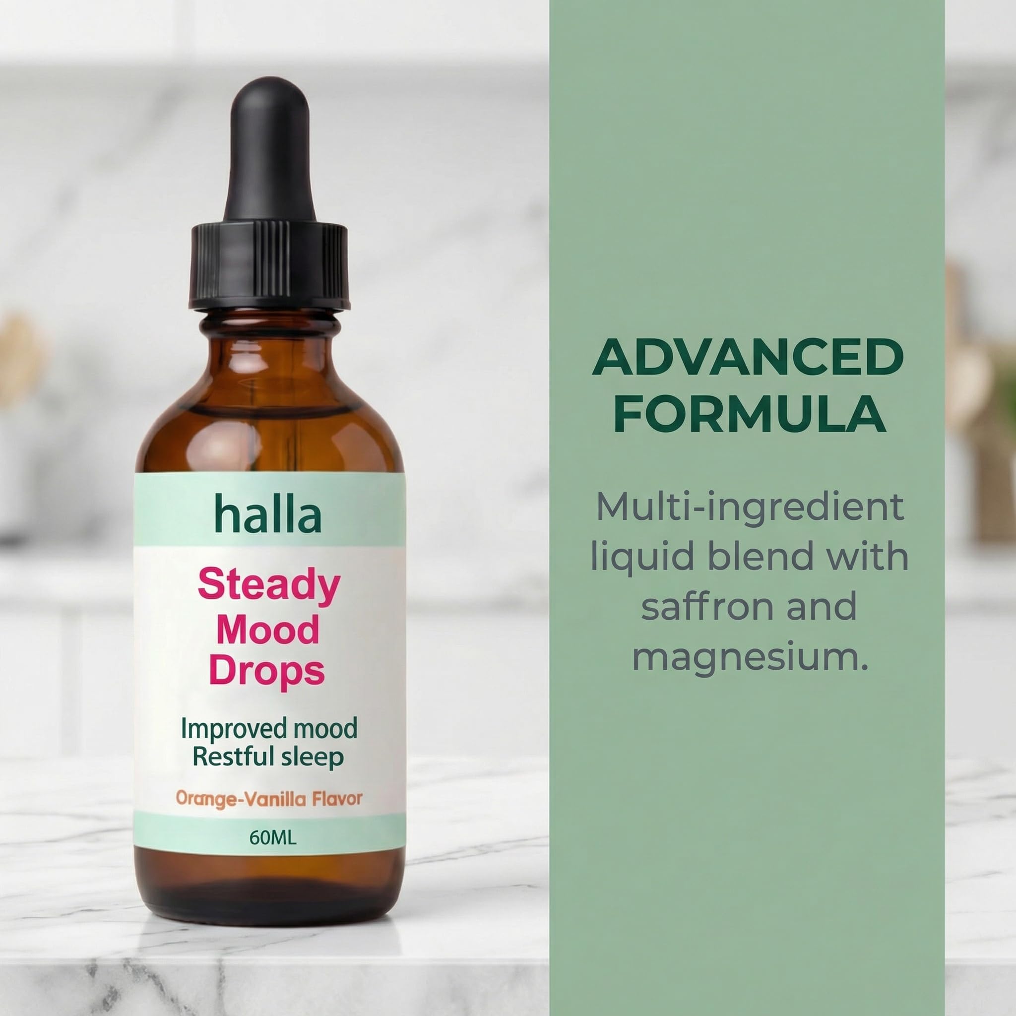Halla Steady Mood Drops, with Saffron Extract – Fast Absorption Cognitive & Emotional Balance Supplement – Advanced Brain Nutrient Blend – Orange Vanilla Flavor, 2 fl oz - TrustMedUSA