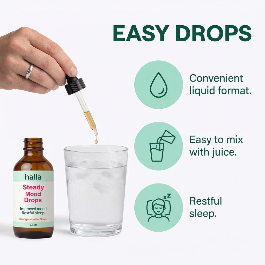 Halla Steady Mood Drops, with Saffron Extract – Fast Absorption Cognitive & Emotional Balance Supplement – Advanced Brain Nutrient Blend – Orange Vanilla Flavor, 2 fl oz - TrustMedUSA