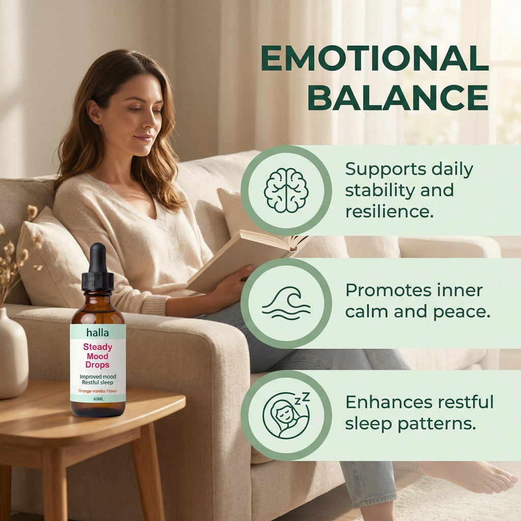 Halla Steady Mood Drops, with Saffron Extract – Fast Absorption Cognitive & Emotional Balance Supplement – Advanced Brain Nutrient Blend – Orange Vanilla Flavor, 2 fl oz - TrustMedUSA