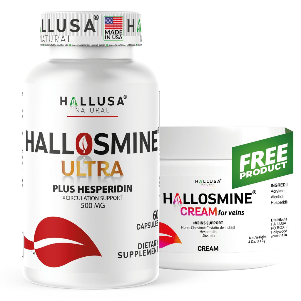 Hallosmine Ultra 650mg Diosmin Hesperidin, 60 Capsules + FREE Leg Cream with Diosmin, Hesperidin & Horse Chestnut, 4 oz | Blood Circulation & Vein Support Supplement, GMO Free, Gluten Free - TrustMedUSA