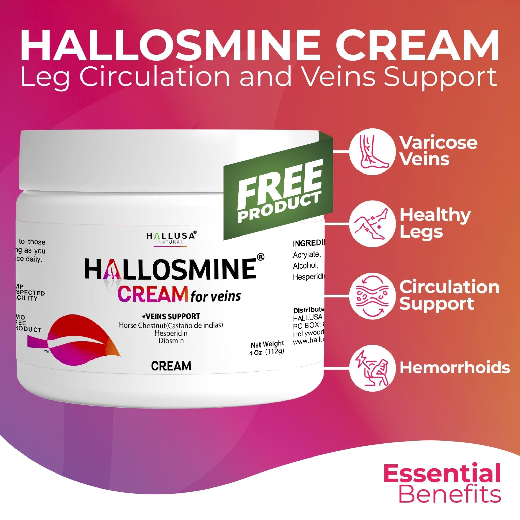 Hallosmine Ultra 650mg Diosmin Hesperidin, 60 Capsules + FREE Leg Cream with Diosmin, Hesperidin & Horse Chestnut, 4 oz | Blood Circulation & Vein Support Supplement, GMO Free, Gluten Free - TrustMedUSA