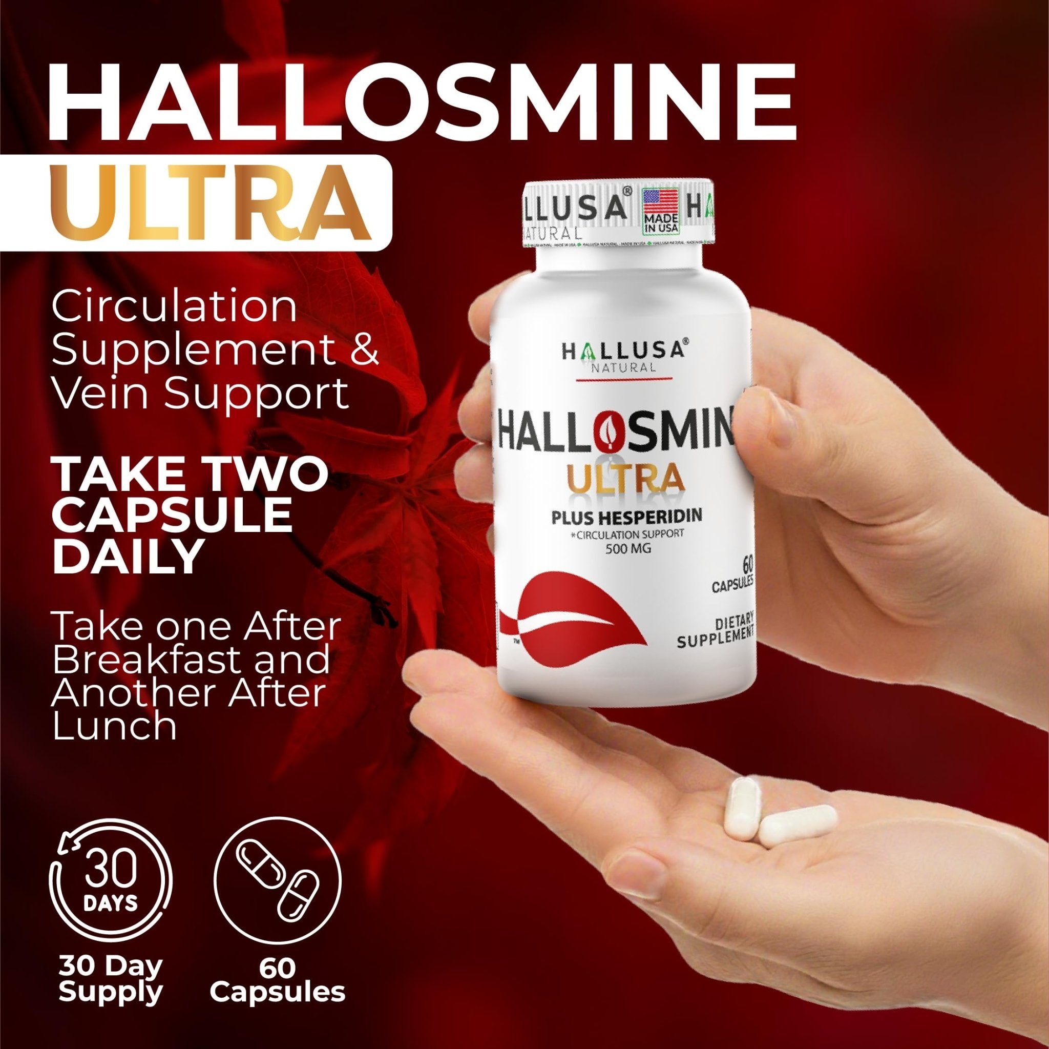 Hallosmine Ultra 650mg Diosmin Hesperidin, 60 Capsules + FREE Leg Cream with Diosmin, Hesperidin & Horse Chestnut, 4 oz | Blood Circulation & Vein Support Supplement, GMO Free, Gluten Free - TrustMedUSA