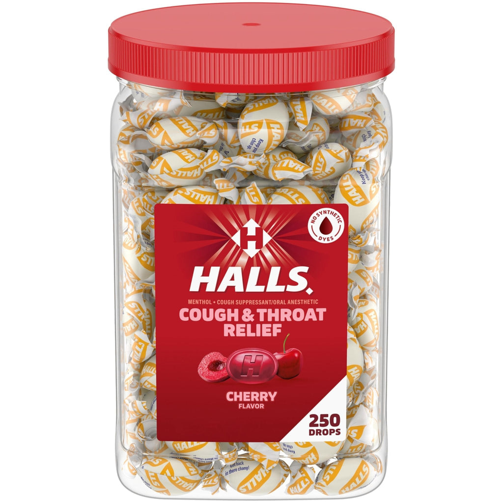 Halls Cough and Throat Relief Cherry Cough Drops, Bulk Pack, 250 Drops - Maple Wellness Supplements