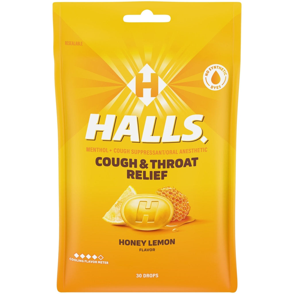 HALLS Cough and Throat Relief Honey Lemon Cough Drops, 30 Drops - Maple Wellness Supplements