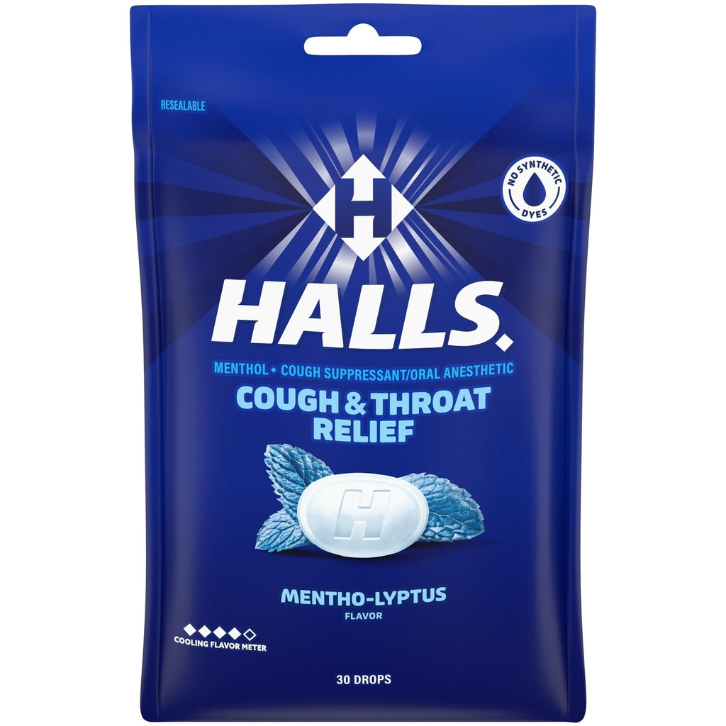 HALLS Cough and Throat Relief Mentho-Lyptus Cough Drops, 30 Drops - Maple Wellness Supplements