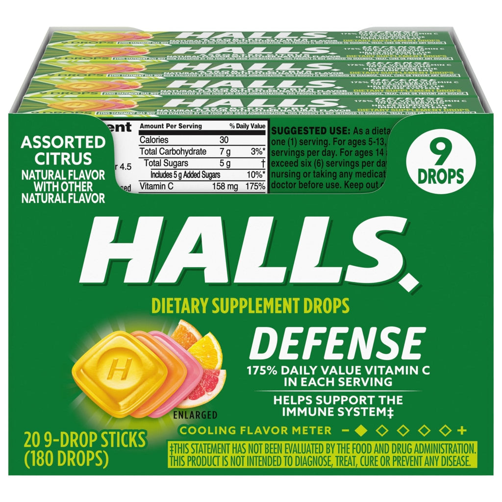 HALLS Defense Assorted Citrus Vitamin C Drops, 20 Sticks of 9 Drops (180 Total Drops) - Maple Wellness Supplements