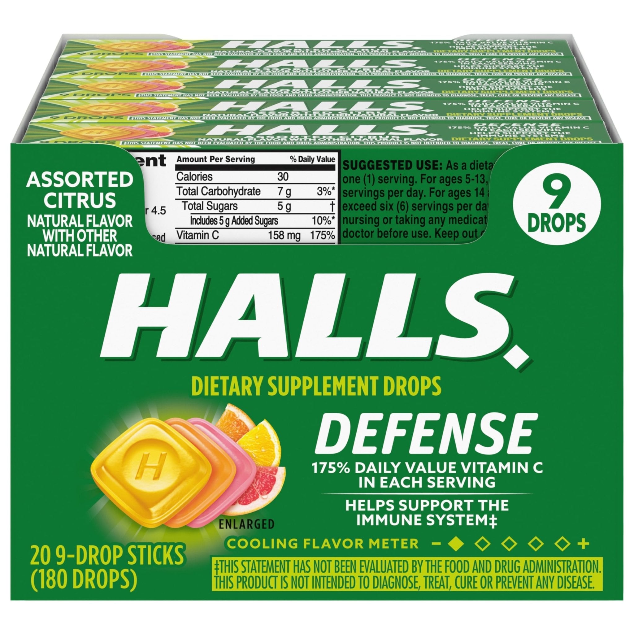 HALLS Defense Assorted Citrus Vitamin C Drops, 20 Sticks of 9 Drops (180 Total Drops) - Maple Wellness Supplements