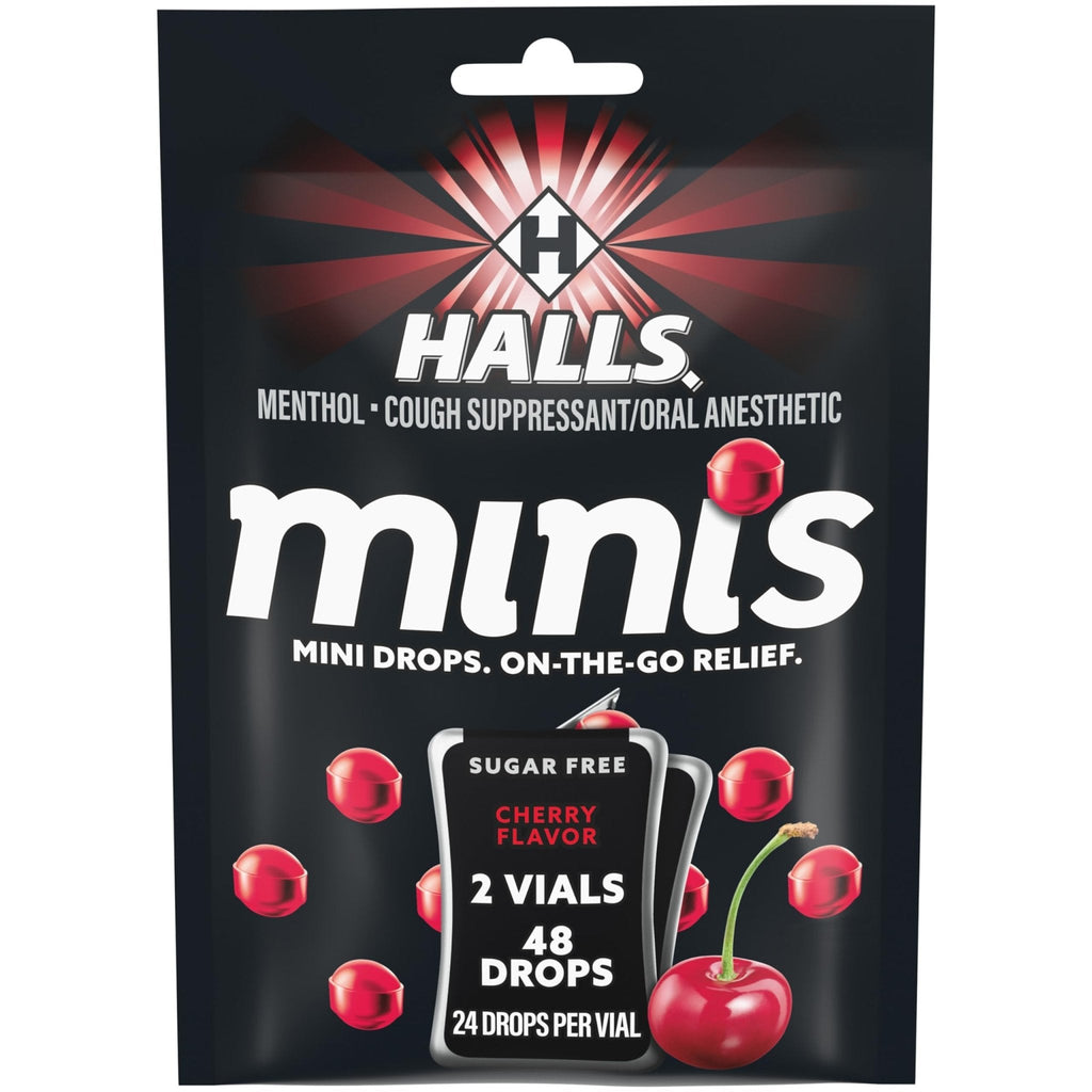 HALLS Minis Cherry Flavor Sugar Free Cough Drops, 48 Drops - Maple Wellness Supplements