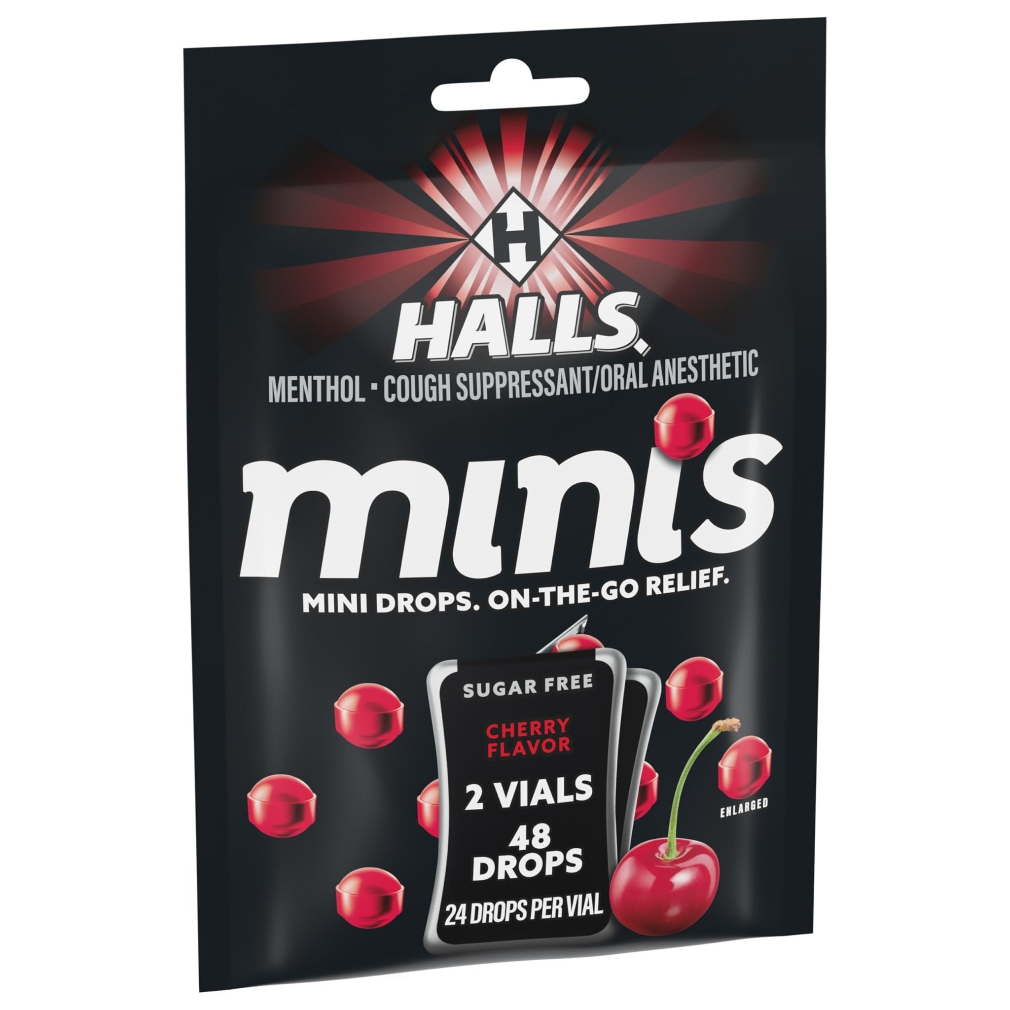 HALLS Minis Cherry Flavor Sugar Free Cough Drops, 48 Drops - Maple Wellness Supplements