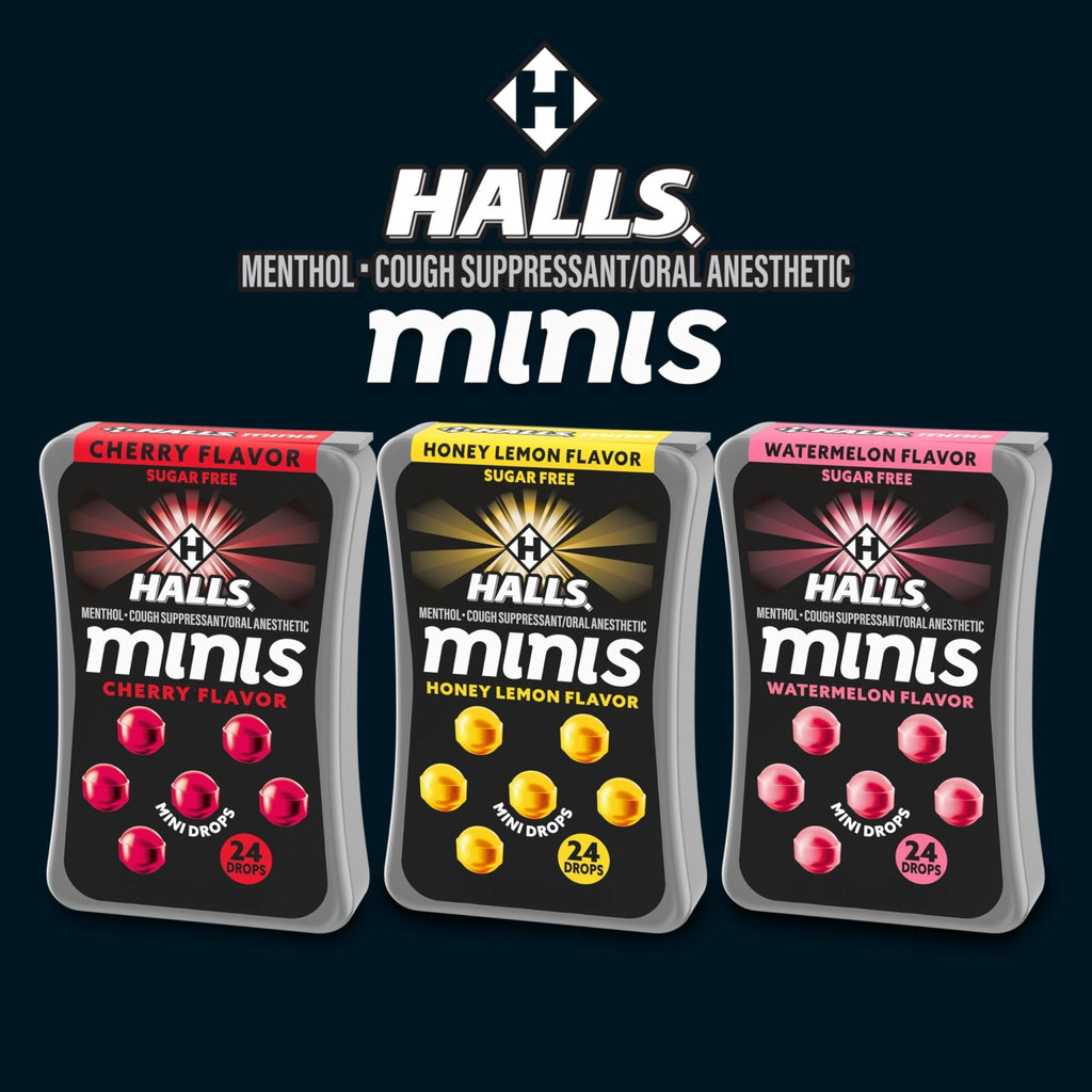 HALLS Minis Cherry Flavor Sugar Free Cough Drops, 48 Drops - Maple Wellness Supplements