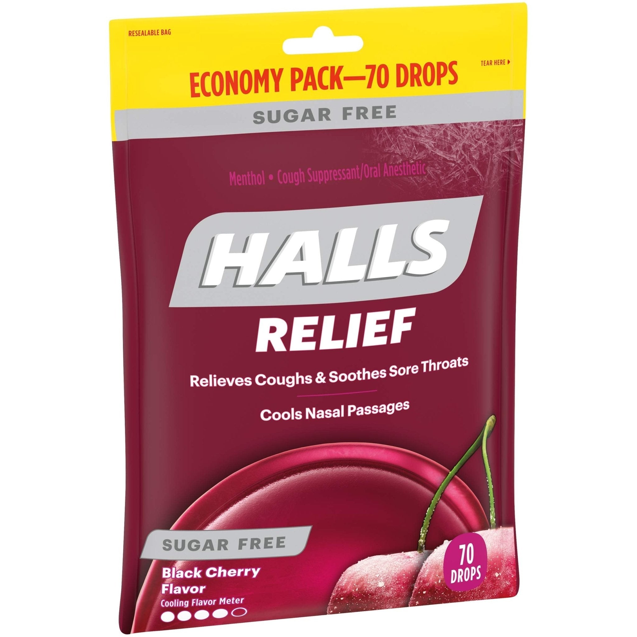 HALLS Relief Sugar Free Black Cherry Flavor Cough Drops, Economy Pack, 1 Bag (70 Total Drops) - Maple Wellness Supplements