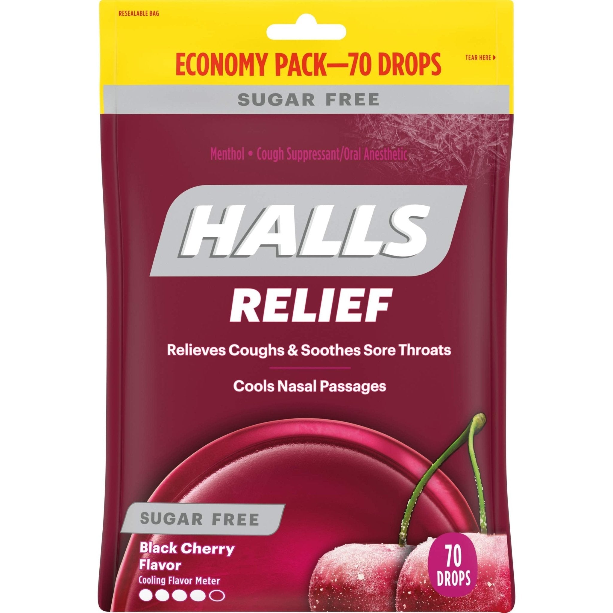HALLS Relief Sugar Free Black Cherry Flavor Cough Drops, Economy Pack, 1 Bag (70 Total Drops) - Maple Wellness Supplements