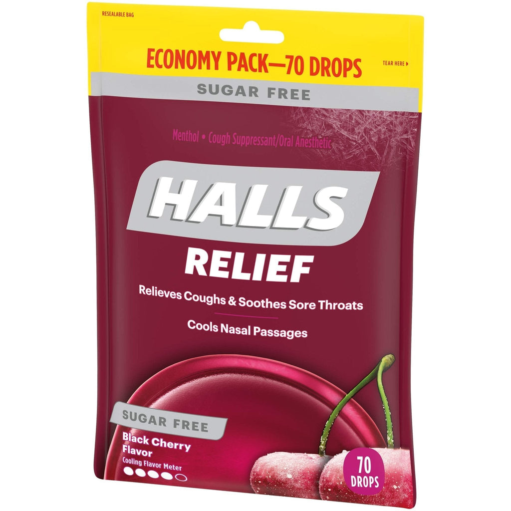 HALLS Relief Sugar Free Black Cherry Flavor Cough Drops, Economy Pack, 1 Bag (70 Total Drops) - Maple Wellness Supplements