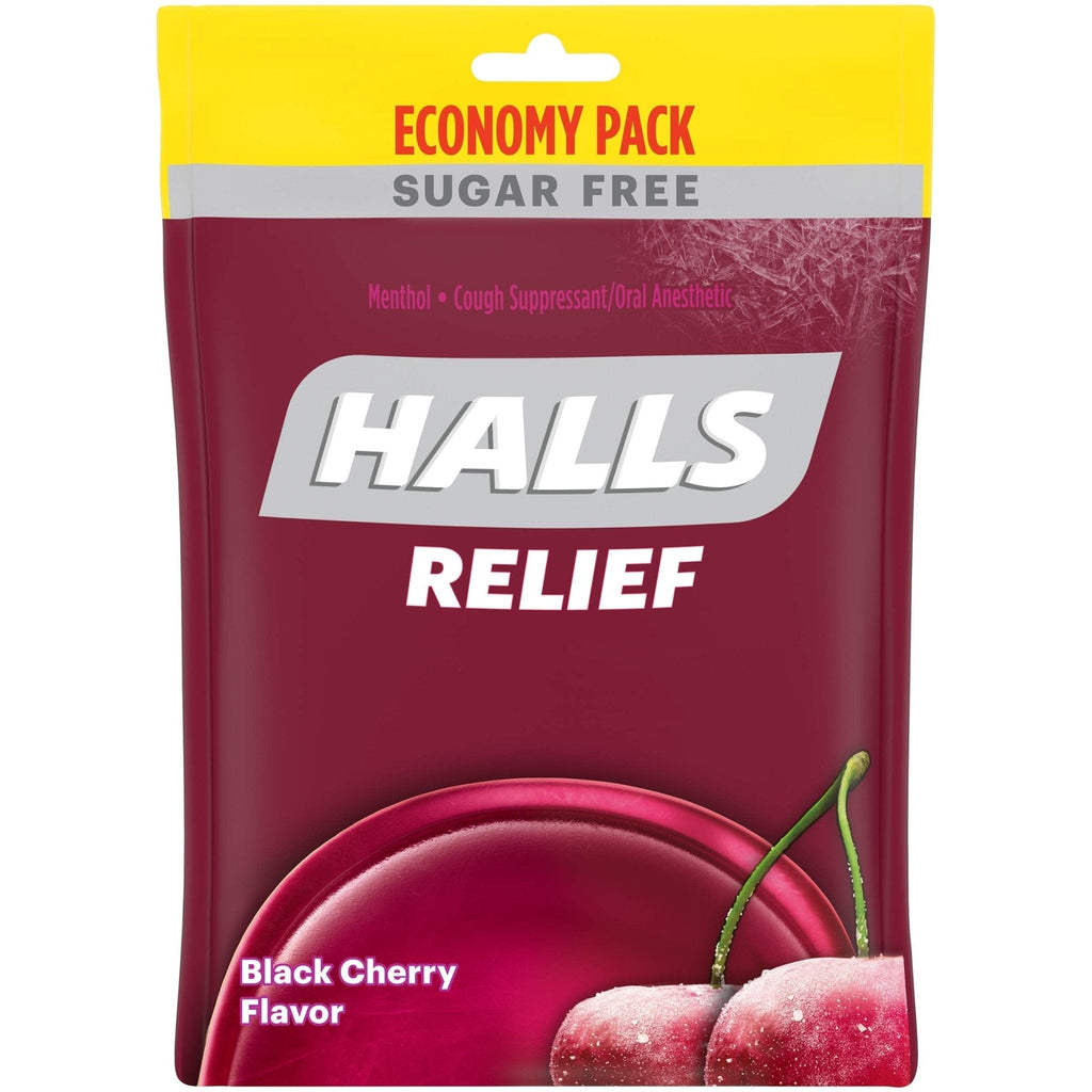 HALLS Relief Sugar Free Black Cherry Flavor Cough Drops, Economy Pack, 1 Bag (70 Total Drops) - Maple Wellness Supplements