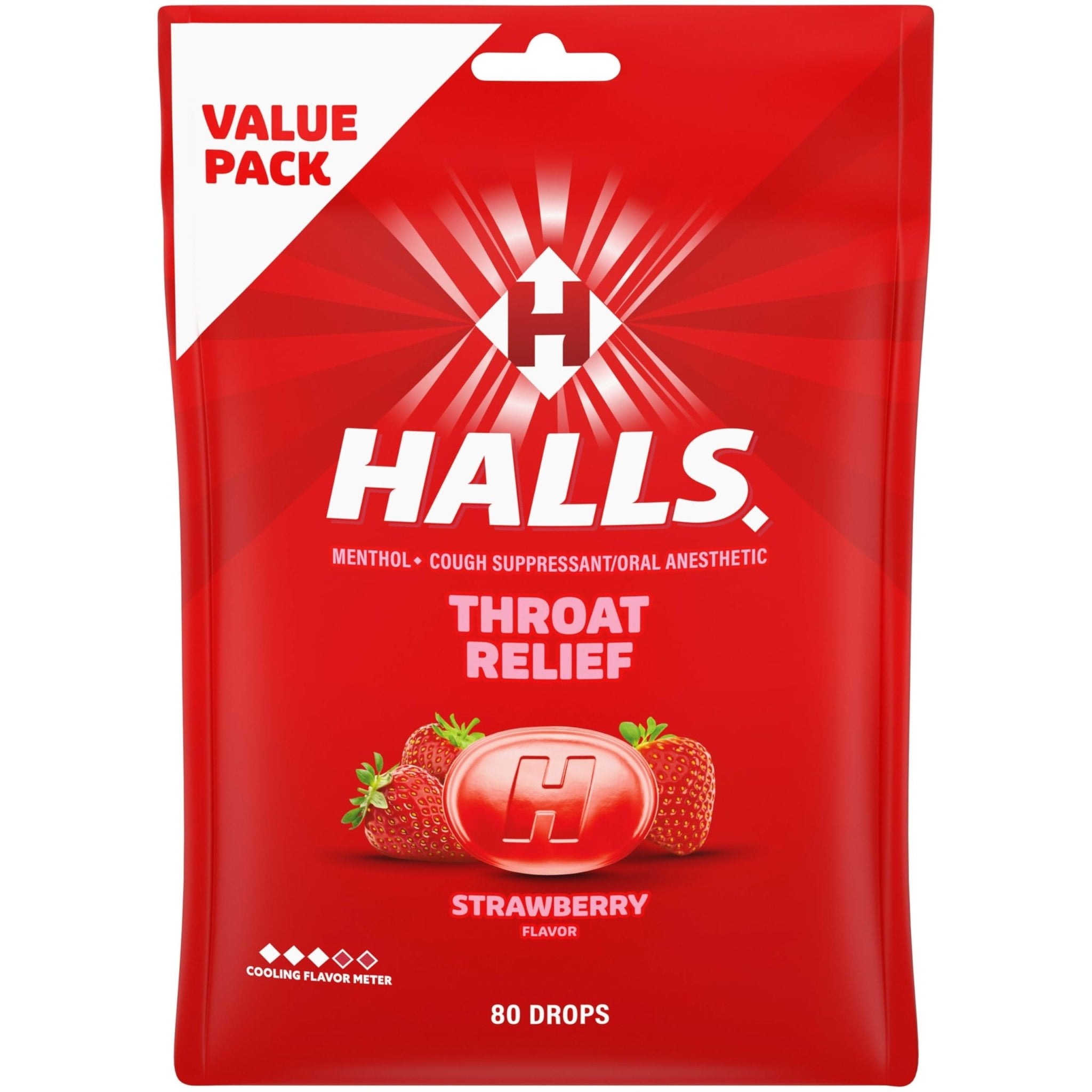 HALLS Throat Relief Strawberry Cough Drops, Value Pack, 80 Drops - Maple Wellness Supplements