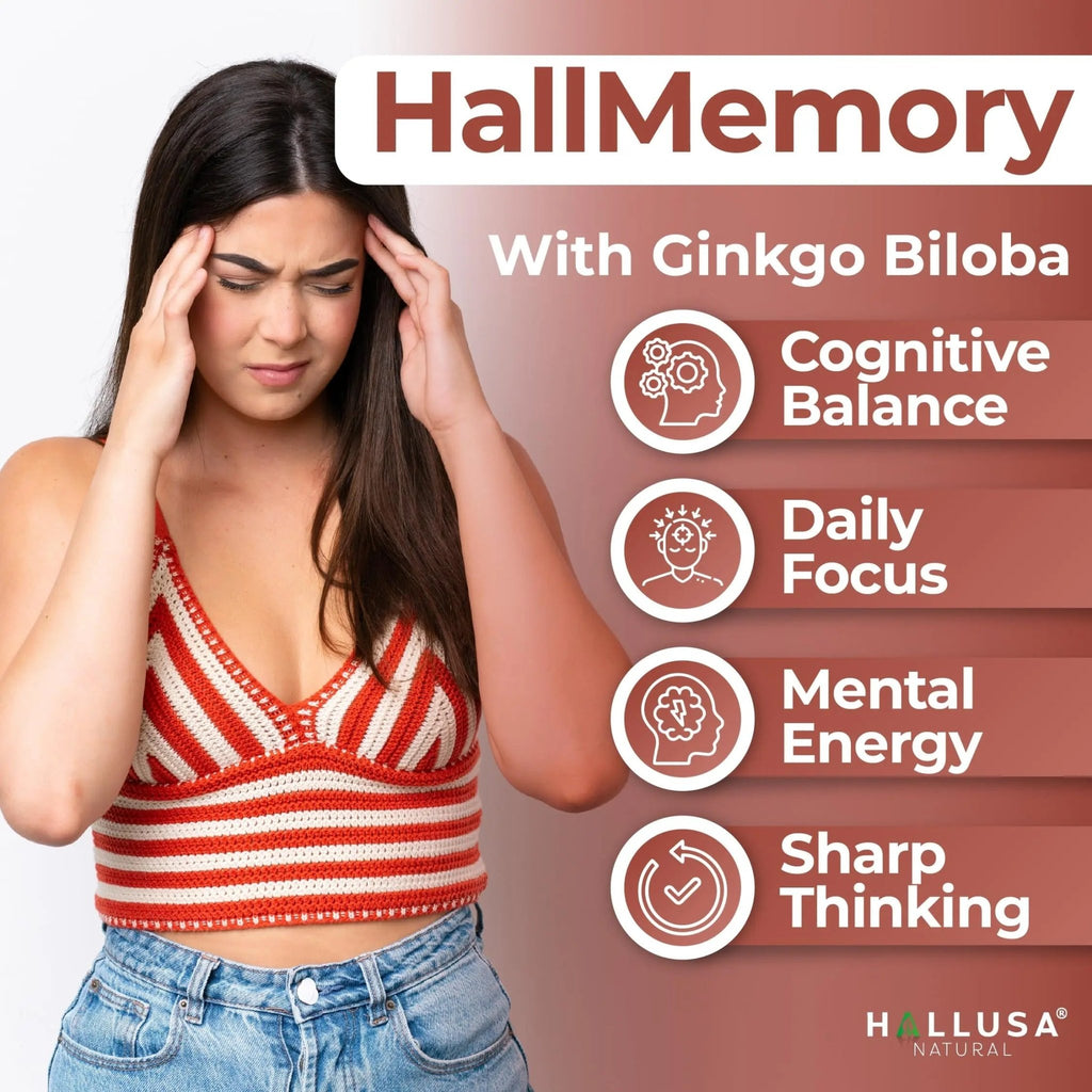 Hallusa Natural Brain Health Supplement Capsules 1680mg, Ginkgo Biloba, B Vitamins & Choline, Memory & Focus Support, Brain Booster for Men & Women, 60 Count - TrustMedUSA
