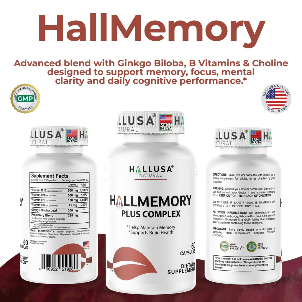 Hallusa Natural Brain Health Supplement Capsules 1680mg, Ginkgo Biloba, B Vitamins & Choline, Memory & Focus Support, Brain Booster for Men & Women, 60 Count - TrustMedUSA