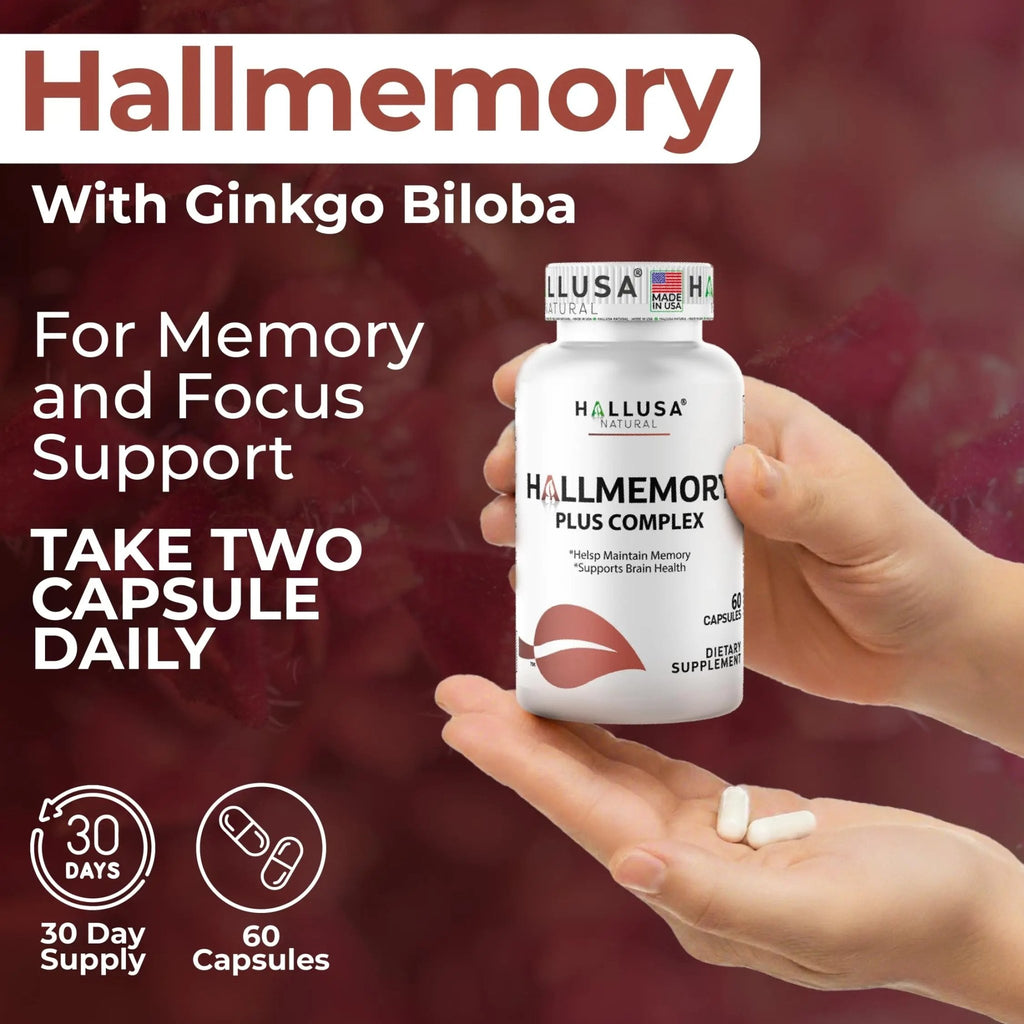 Hallusa Natural Brain Health Supplement Capsules 1680mg, Ginkgo Biloba, B Vitamins & Choline, Memory & Focus Support, Brain Booster for Men & Women, 60 Count - TrustMedUSA